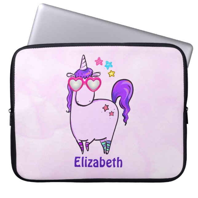 Cute Unicorn in Heart Shaped Glasses Laptop Sleeve (Voorkant)