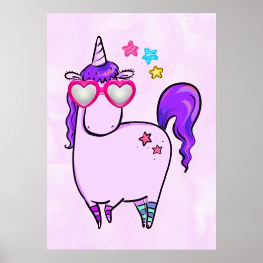 Cute Unicorn in Heart Shaped Glasses Poster (Voorkant)