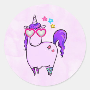 Cute Unicorn in Heart Shaped Glasses Ronde Sticker