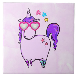 Cute Unicorn in Heart Shaped Glasses Tegeltje