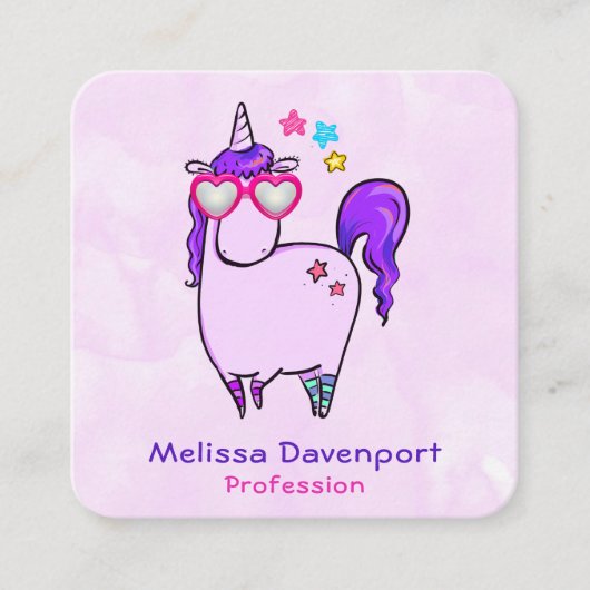 Cute Unicorn in Heart Shaped Glasses Vierkante Visitekaartje (Voorkant)