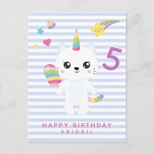 Cute Unicorn Kat - Aangepaste Leeftijd Kinderverja Briefkaart (Voorkant)