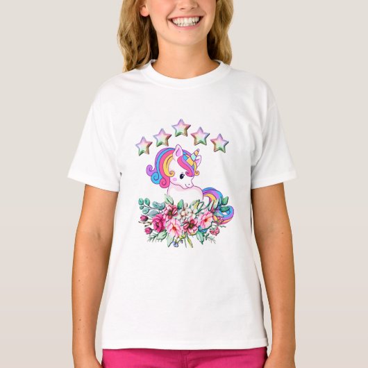 Cute Unicorn, kleurrijke sterren en Waterverf Flor T-shirt (Voorkant)