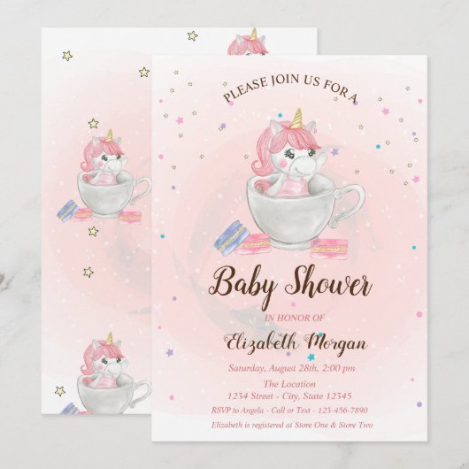 Cute Unicorn, Macaroons, Stars Baby shower Kaart (Voorkant / Achterkant)