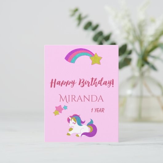 Cute unicorn magical day happy 1st verjaardag briefkaart (Staand voorkant)