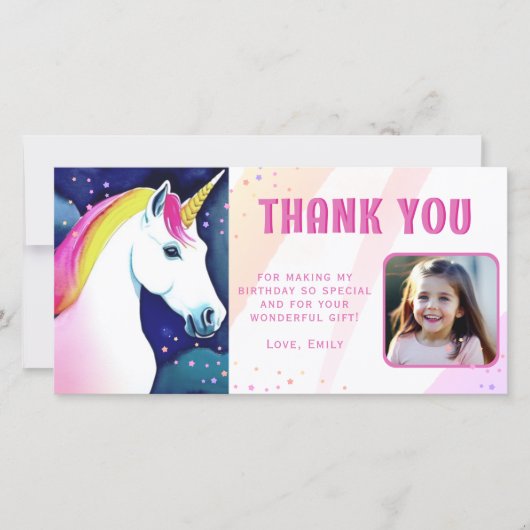 Cute Unicorn Magical Girl Birthday Foto Bedankkaart (Voorkant)