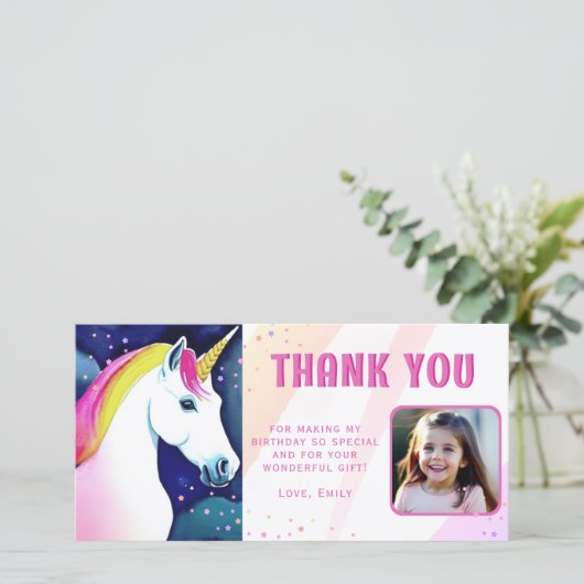 Cute Unicorn Magical Girl Birthday Foto Bedankkaart (Staand voorkant)