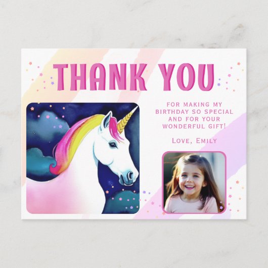 Cute Unicorn Magical Girl Birthday Foto bedankt Briefkaart (Voorkant)