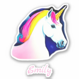 Cute Unicorn Magical Stars Drawing Girl Name Sticker