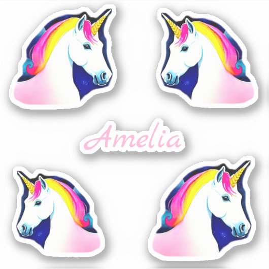 Cute Unicorn Magical Stars Drawing Girl Name Sticker (Voorkant)