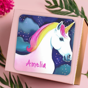 Cute Unicorn Magical Stars Drawing Girl Name Vierkante Sticker