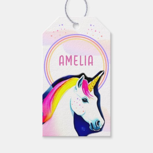 Cute Unicorn Magical Stars Girl Name Birthday Cadeaulabel (Voorkant)