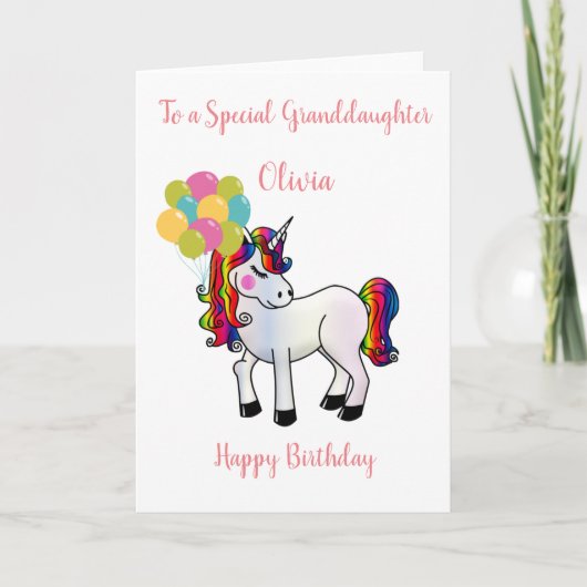 Cute Unicorn met ballonnen kleindochter Birthday Kaart (Voorkant)