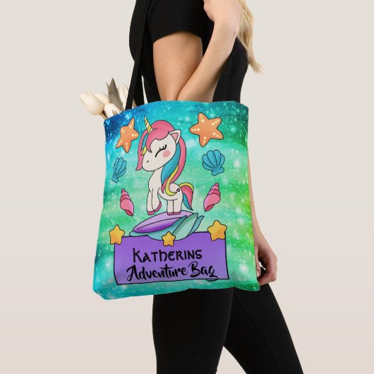 Cute Unicorn met Blue Ocean Theme Tote Bag (Dichtbij)
