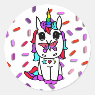 Cute Unicorn met Butterfly op Nose Snoep Sprinkle Ronde Sticker