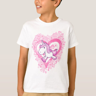 Cute Unicorn met Doodle Flowers & Hearts T-Shirt