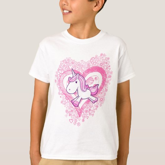 Cute Unicorn met Doodle Flowers & Hearts T-Shirt (Voorkant)