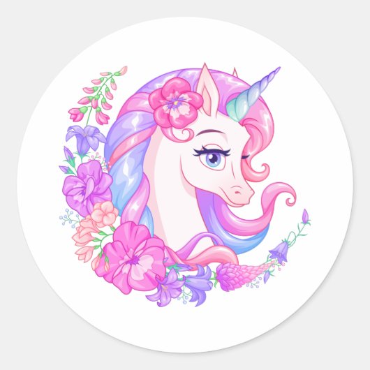 Cute Unicorn met Flowers Classic Round Sticker (Voorkant)