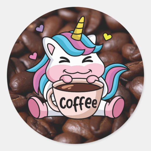 Cute Unicorn met koffie Ronde Sticker (Voorkant)