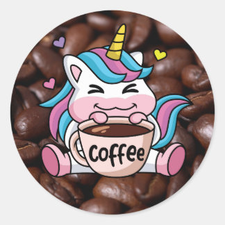 Cute Unicorn met koffie Ronde Sticker