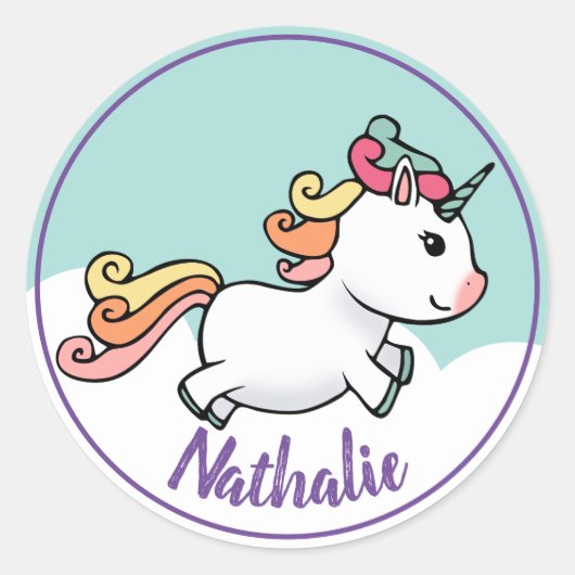 Cute unicorn met naam ronde sticker (Voorkant)