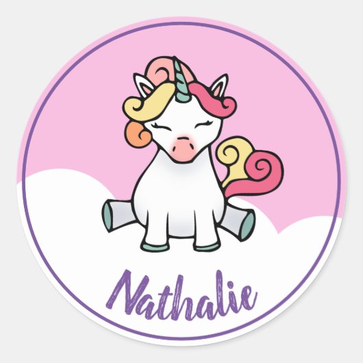 Cute unicorn met naam ronde sticker (Voorkant)