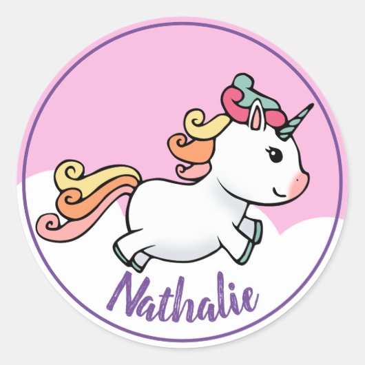 Cute unicorn met naam ronde sticker (Voorkant)