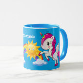 Cute Unicorn met regenboog & Sun Personated Blue Mok (Voorkant rechts)