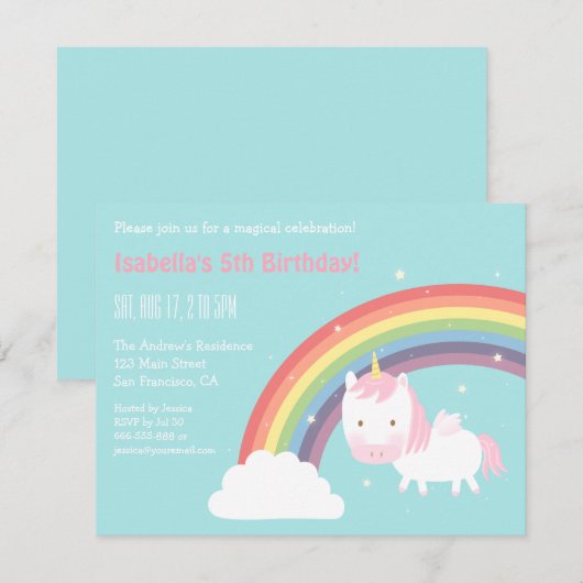 Cute Unicorn Mini Wings Rainbow Birthday Party Kaart (Voorkant / Achterkant)