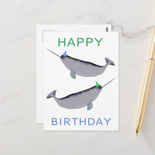 Cute Unicorn Narwhal Whale Happy Birthday Briefkaart (Voorkant / Achterkant in situ)