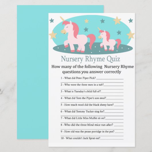 Cute Unicorn Nursery Rhyme Quiz baby shower game (Voorkant / Achterkant)