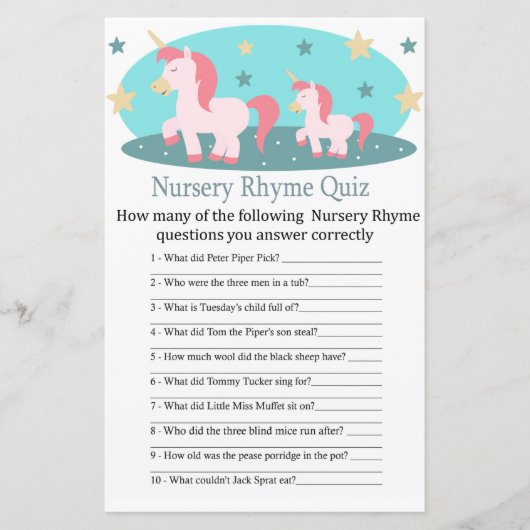Cute Unicorn Nursery Rhyme Quiz baby shower game (Voorkant)
