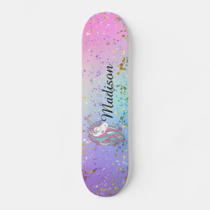 Cute Unicorn Ombre Rainbow Glitter Sparkle Persoonlijk Skateboard