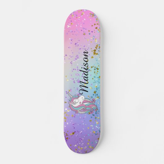 Cute Unicorn Ombre Rainbow Glitter Sparkle Persoonlijk Skateboard (Voorkant)
