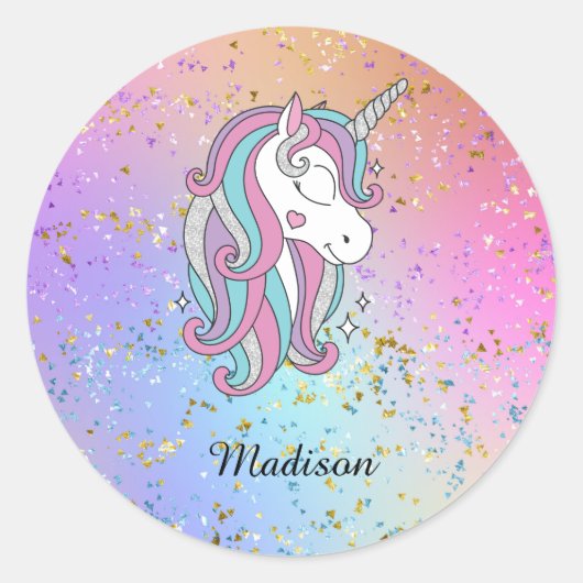 Cute Unicorn Ombre Rainbow Glitter Sparkle Ronde Sticker (Voorkant)