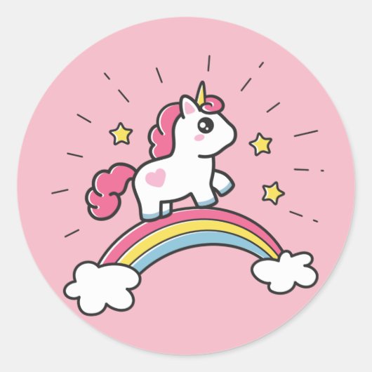 Cute Unicorn op een regenboogontwerp Ronde Sticker (Voorkant)