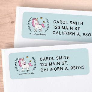 Cute Unicorn op Laurels. Birthday Etiket