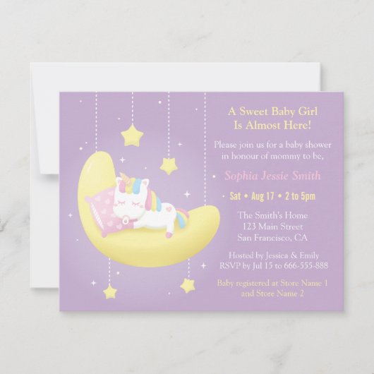 Cute Unicorn op Moon Baby Shower Invitations Kaart (Voorkant)