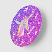 Cute Unicorn Paars Pink Glitter Personalized Ronde Klok (Hoek)