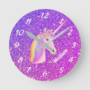 Cute Unicorn Paars Pink Glitter Personalized Ronde Klok