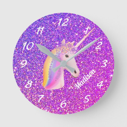 Cute Unicorn Paars Pink Glitter Personalized Ronde Klok (Voorkant)