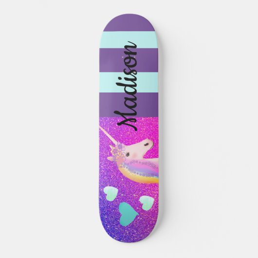 Cute Unicorn Paarse Glitter Girls Persoonlijk Persoonlijk Skateboard (Voorkant)