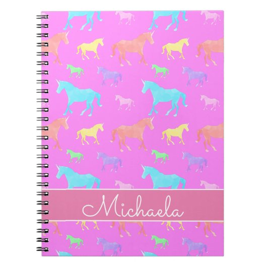 Cute Unicorn Pattern Name Paars Pink Kinder School Notitieboek (Voorkant)