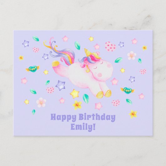 Cute Unicorn - Persoonlijke Lavendel Kinderverjaar Briefkaart (Voorkant)
