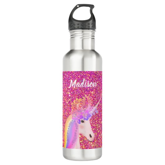 Cute Unicorn Pink Glitter Floral Specialized Kinde Waterfles (Voorkant)