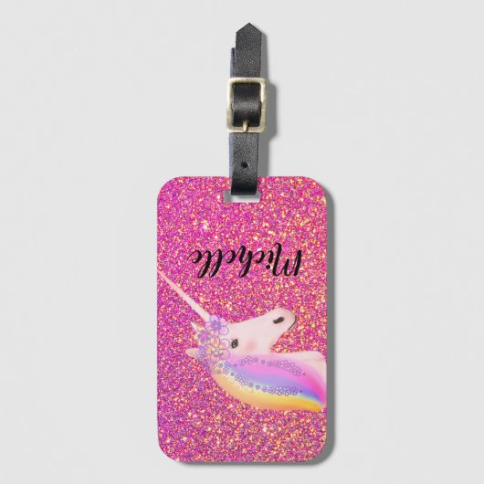 Cute Unicorn Pink Glitter Sparkles Gepersonaliseer Bagagelabel (Voorkant (verticaal))