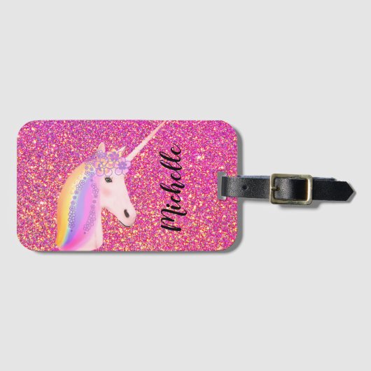 Cute Unicorn Pink Glitter Sparkles Gepersonaliseer Bagagelabel (Voorkant (horizontaal))