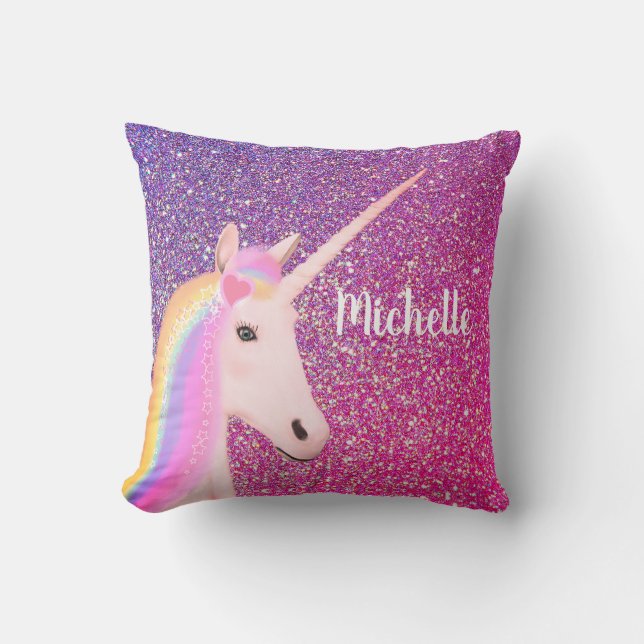 Cute Unicorn Pink Paars Glitter Ombre Sparkle Kussen (Voorkant)