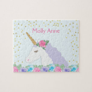Cute Unicorn Pink & Paarse Floral Gold Stippen Nam Legpuzzel