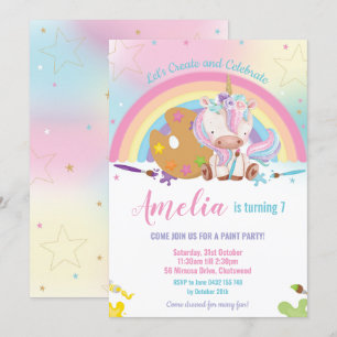 Cute Unicorn Rainbow Art Paint Birthday Party Girl Kaart